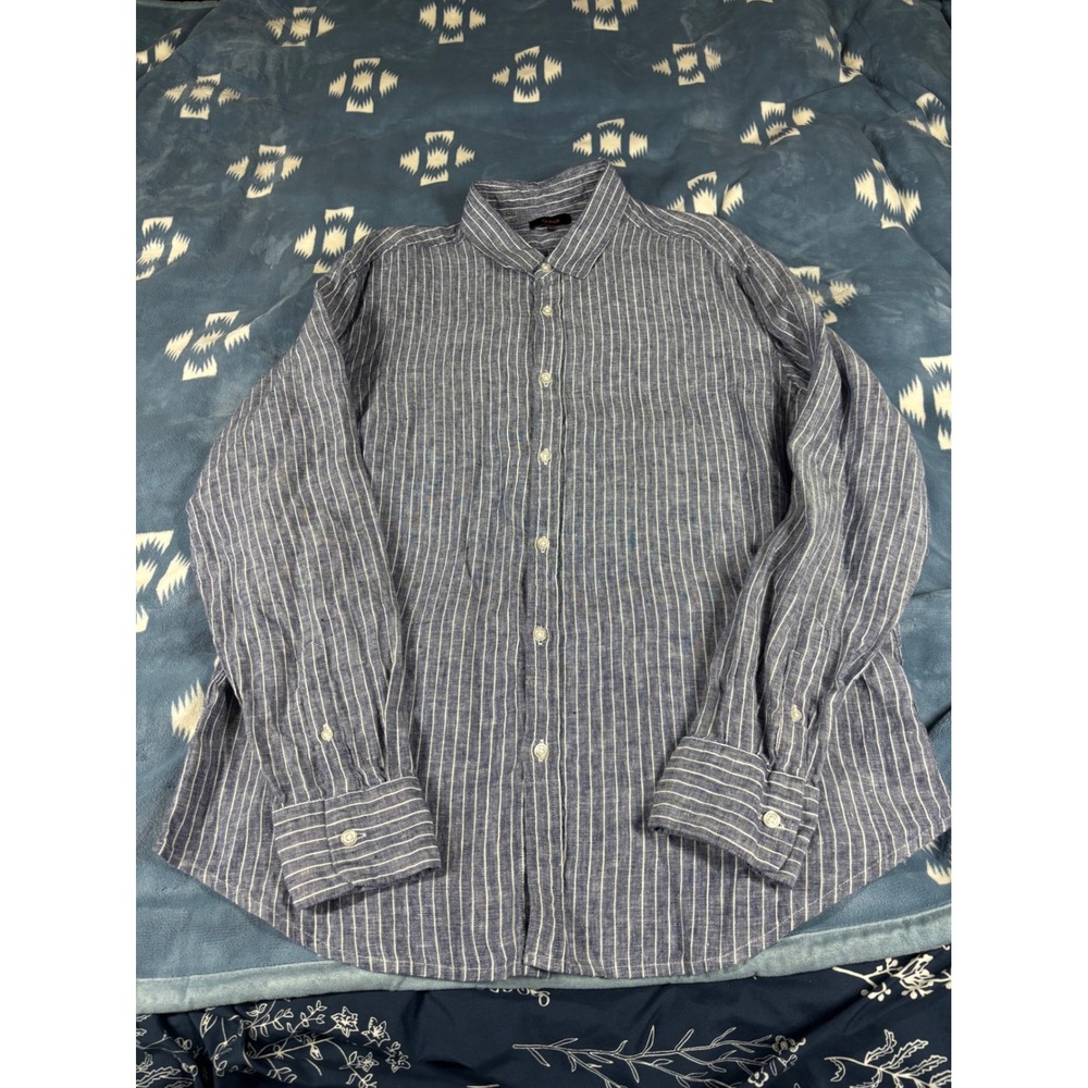 Quince Mens XL Blue White Striped Linen Long Sleeve Button Down Shirt